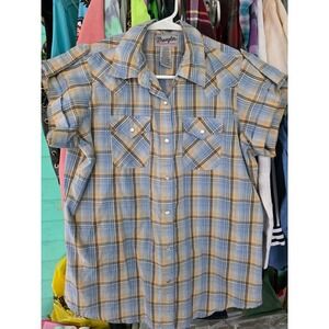 Wrangler Western Plaid Short Sleeve Shirt‎ Blue Gold